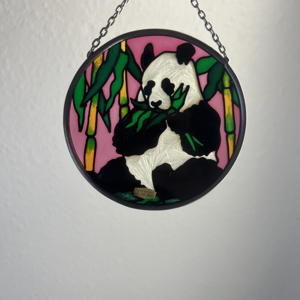 Joan Baker Panda Window Art Glass Suncatcher Hand Painted w/ Box 3" Vintage 90s